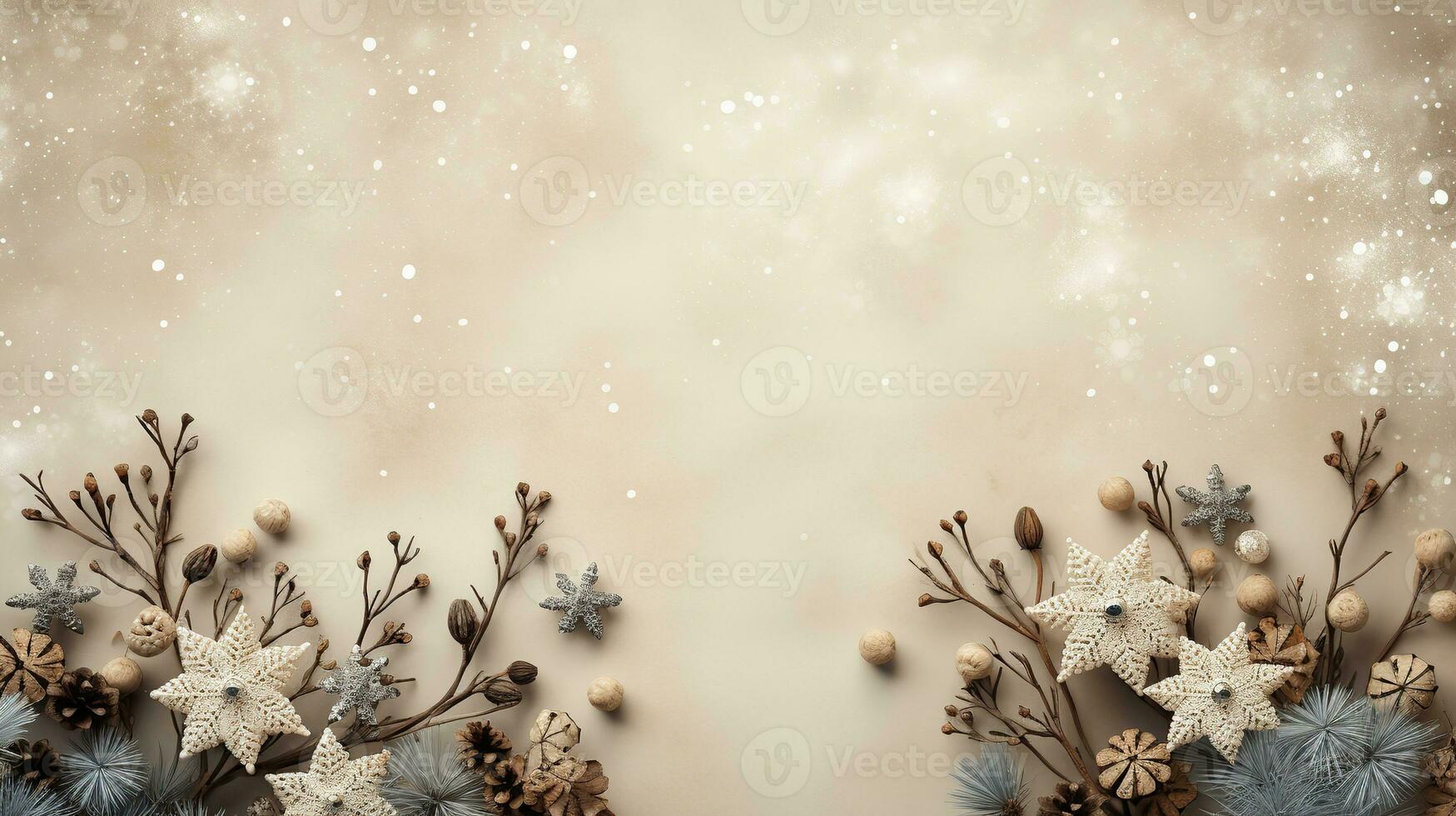 AI generated minimalistic winter background in beige shades with thin branches and flowers photo