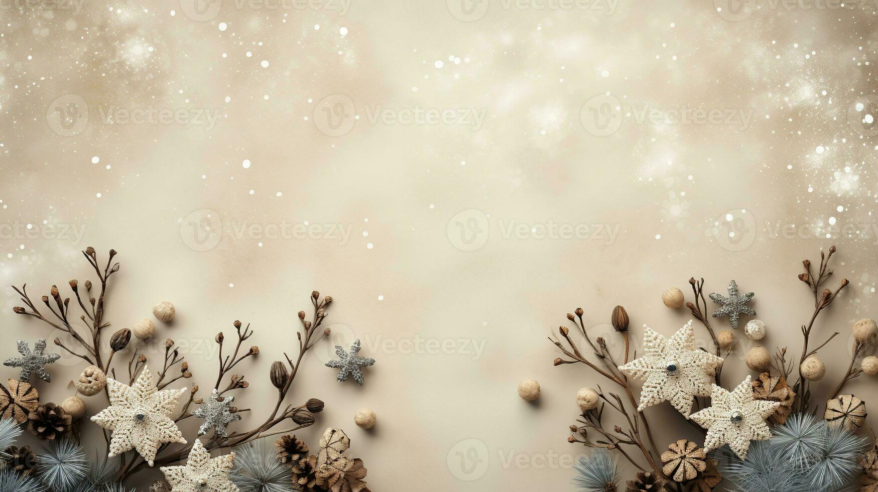 AI generated minimalistic winter background in beige shades with thin branches and flowers photo