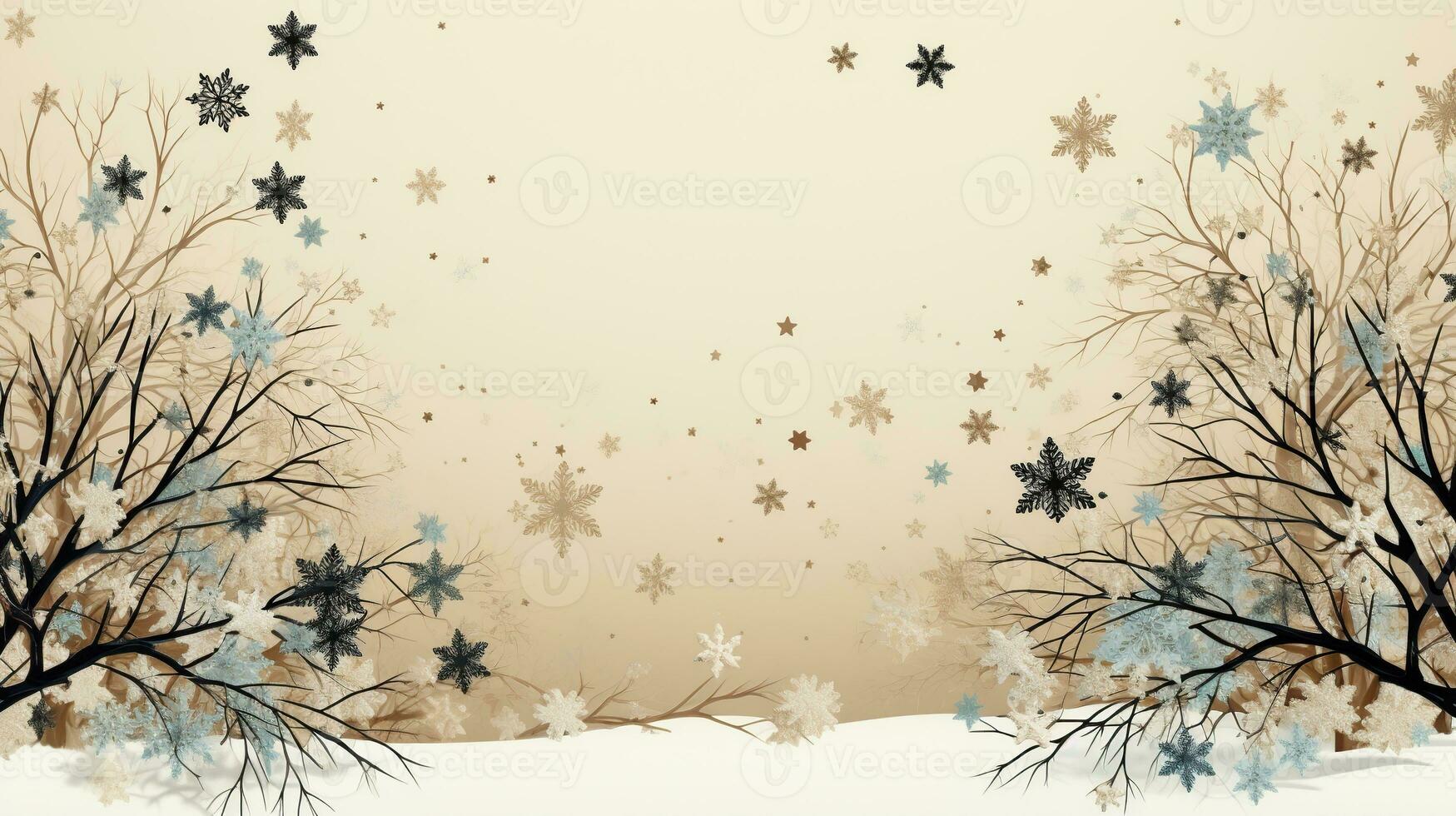 AI generated minimalistic winter background in beige shades with thin branches and flowers photo