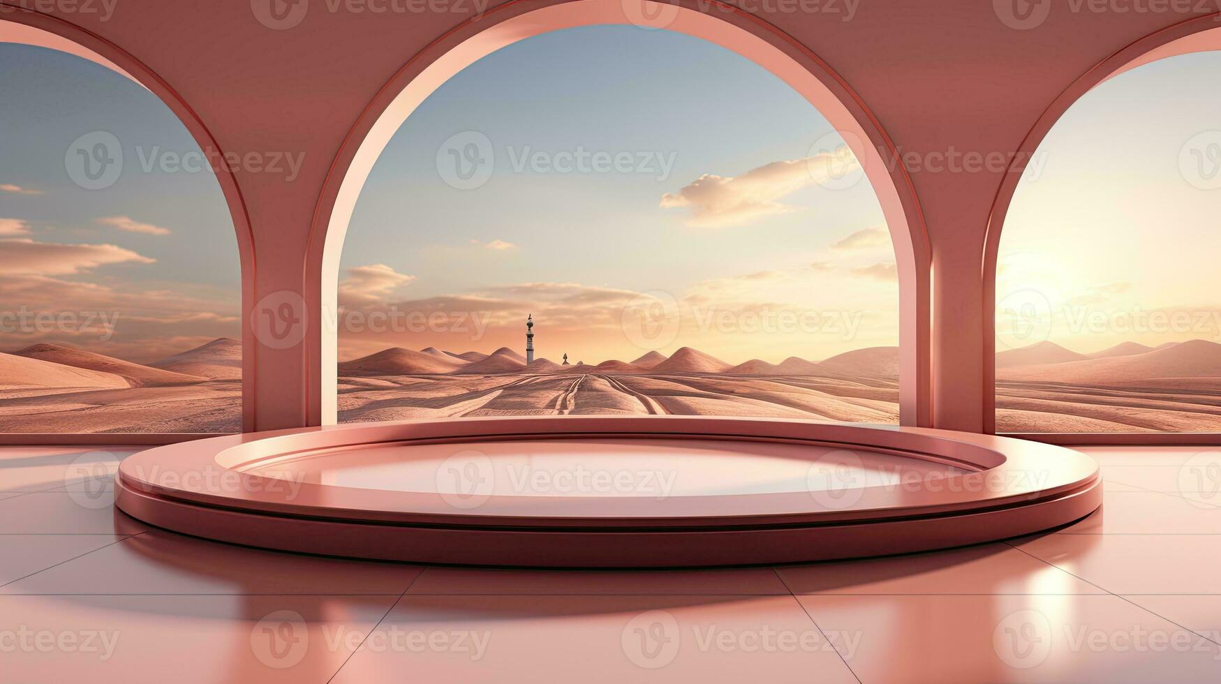 AI generated podium background in Ramadan holiday minimalism style . oriental arabic design with shades of pastel colors. photo