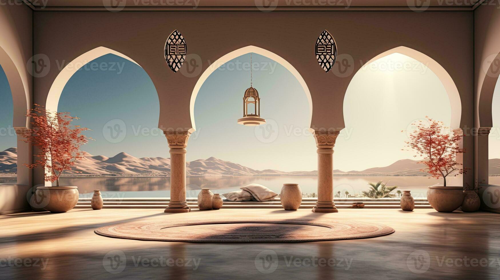 AI generated podium background in Ramadan holiday minimalism style . oriental arabic design with shades of pastel colors. photo
