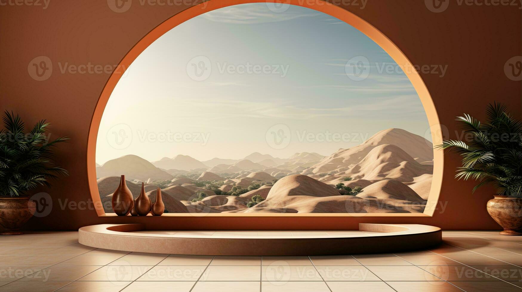AI generated podium background in Ramadan holiday minimalism style . oriental arabic design with shades of pastel colors. photo