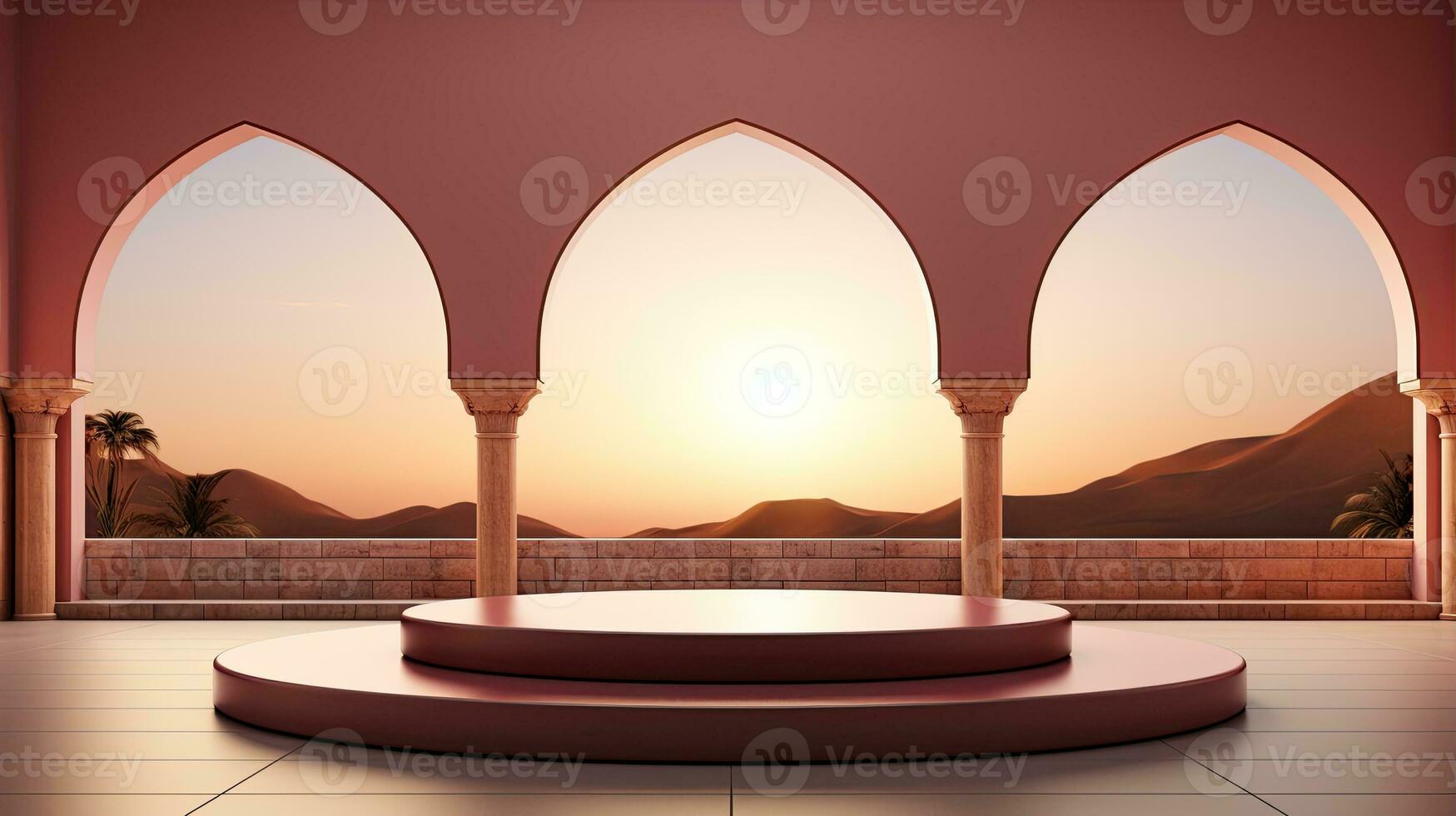 AI generated podium background in Ramadan holiday minimalism style . oriental arabic design with shades of pastel colors. photo