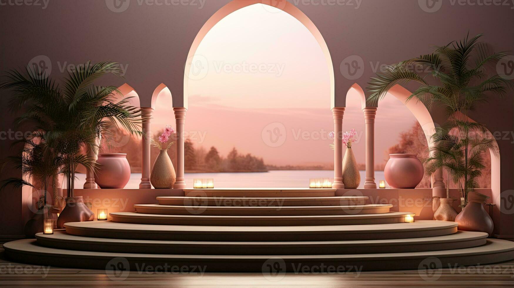 AI generated podium background in Ramadan holiday minimalism style . oriental arabic design with shades of pastel colors. photo