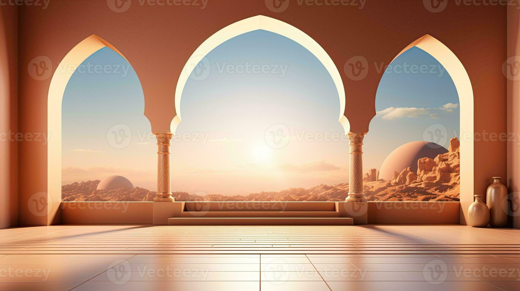AI generated podium background in Ramadan holiday minimalism style . oriental arabic design with shades of pastel colors. photo