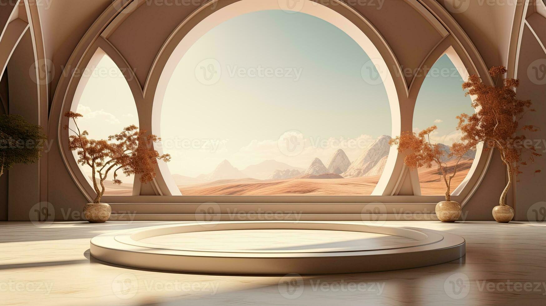 AI generated podium background in Ramadan holiday minimalism style . oriental arabic design with shades of pastel colors. photo