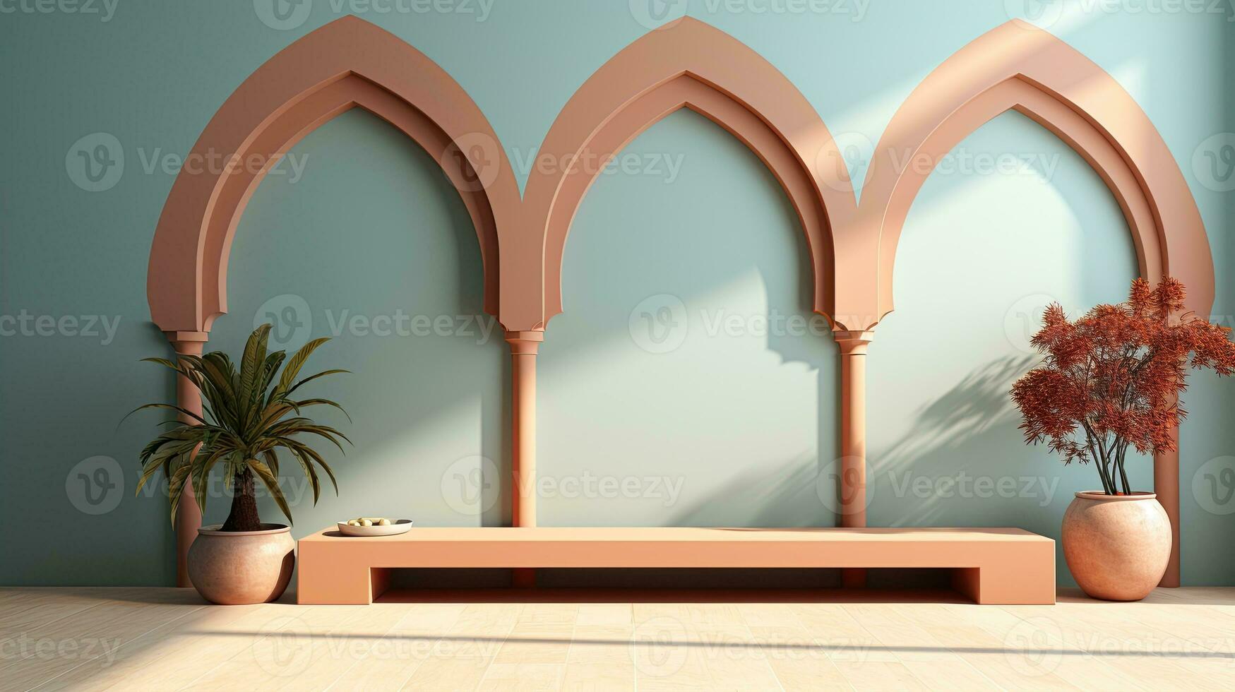 AI generated podium background in Ramadan holiday minimalism style . oriental arabic design with shades of pastel colors. photo