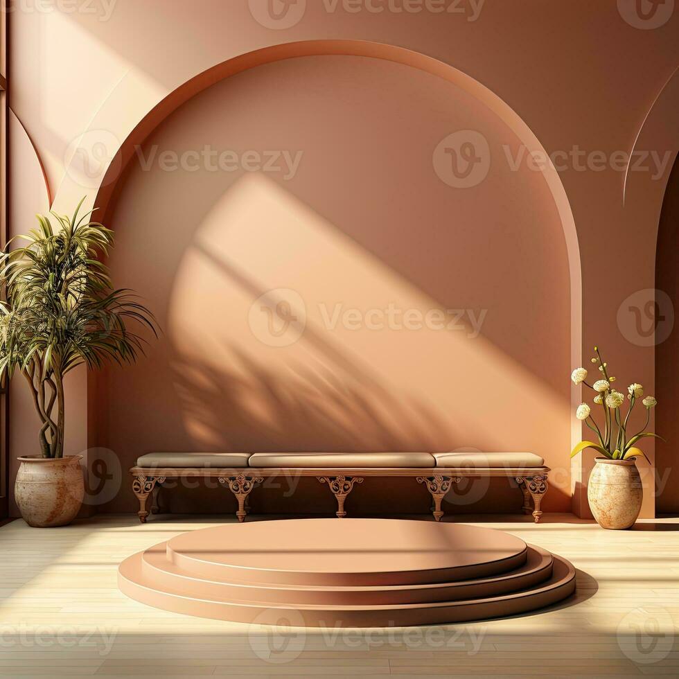 AI generated podium background in Ramadan holiday minimalism style . oriental arabic design with shades of pastel colors. photo