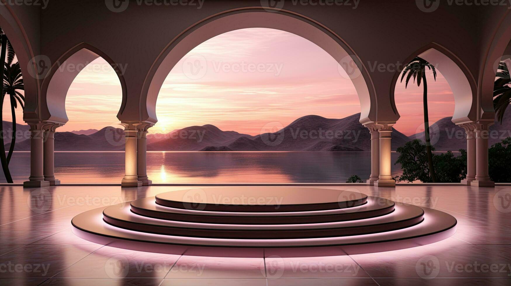 AI generated podium background in Ramadan holiday minimalism style . oriental arabic design with shades of pastel colors. photo
