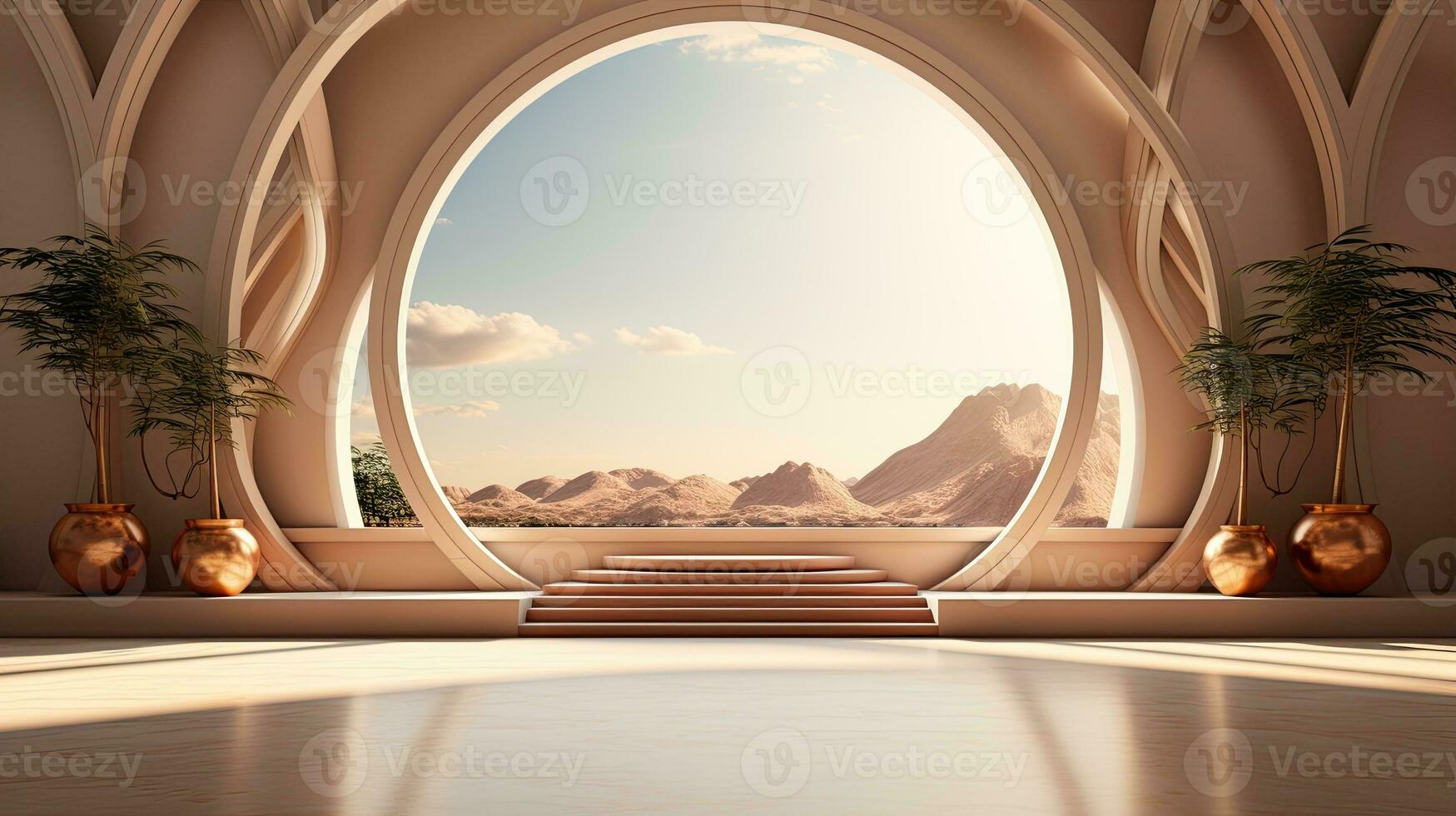 AI generated podium background in Ramadan holiday minimalism style . oriental arabic design with shades of pastel colors. photo