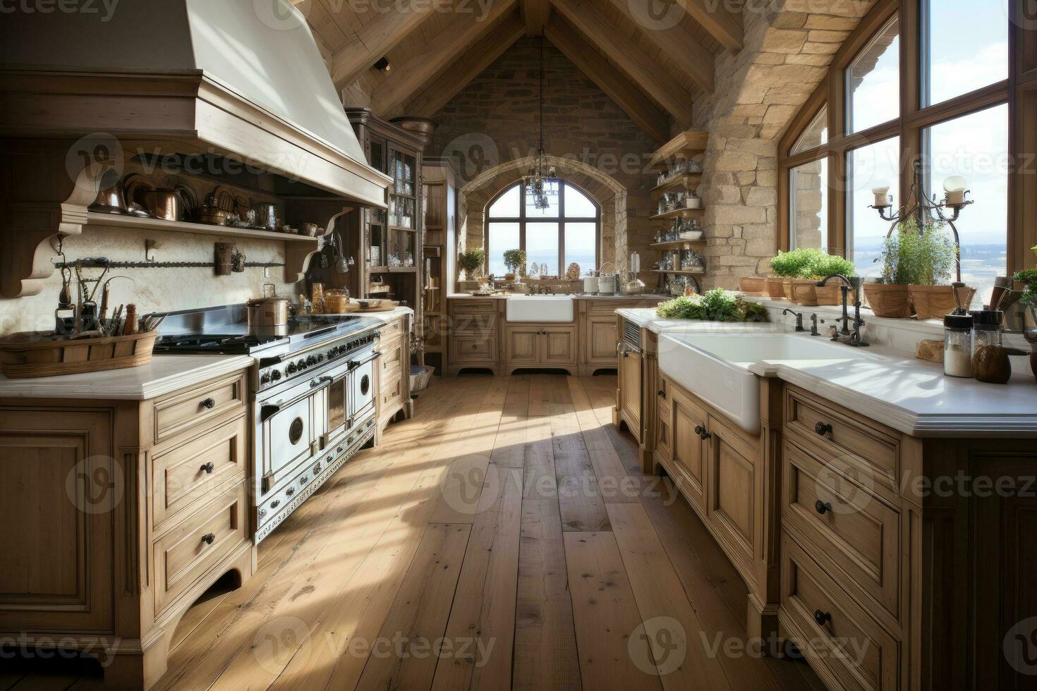 AI generated modern style natural wood kitchen professional advertising photography photo