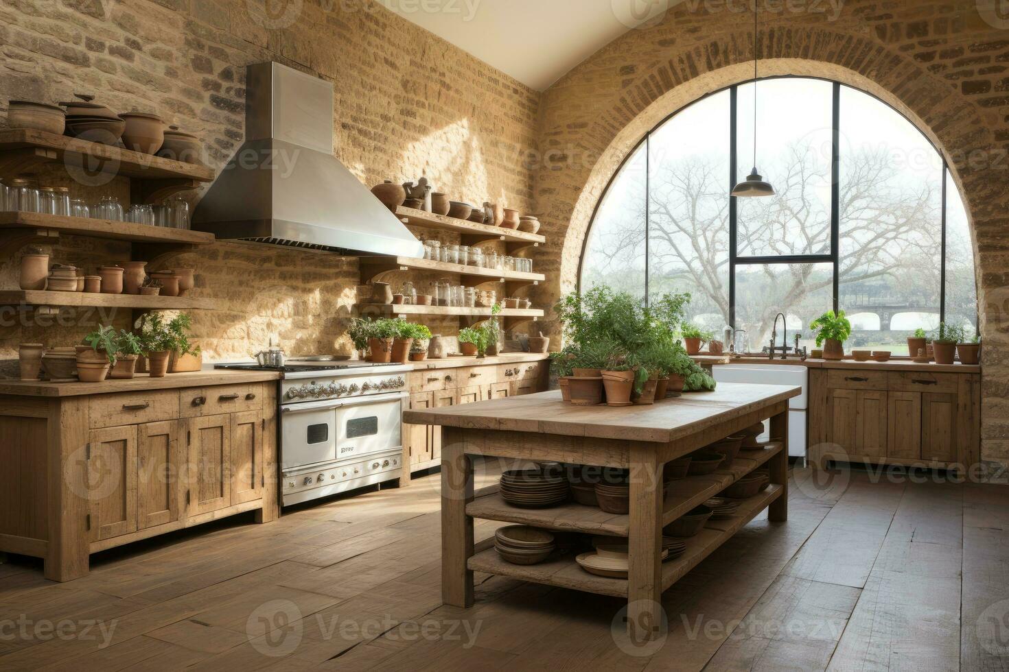 ai generado moderno estilo natural madera cocina profesional publicidad fotografía foto