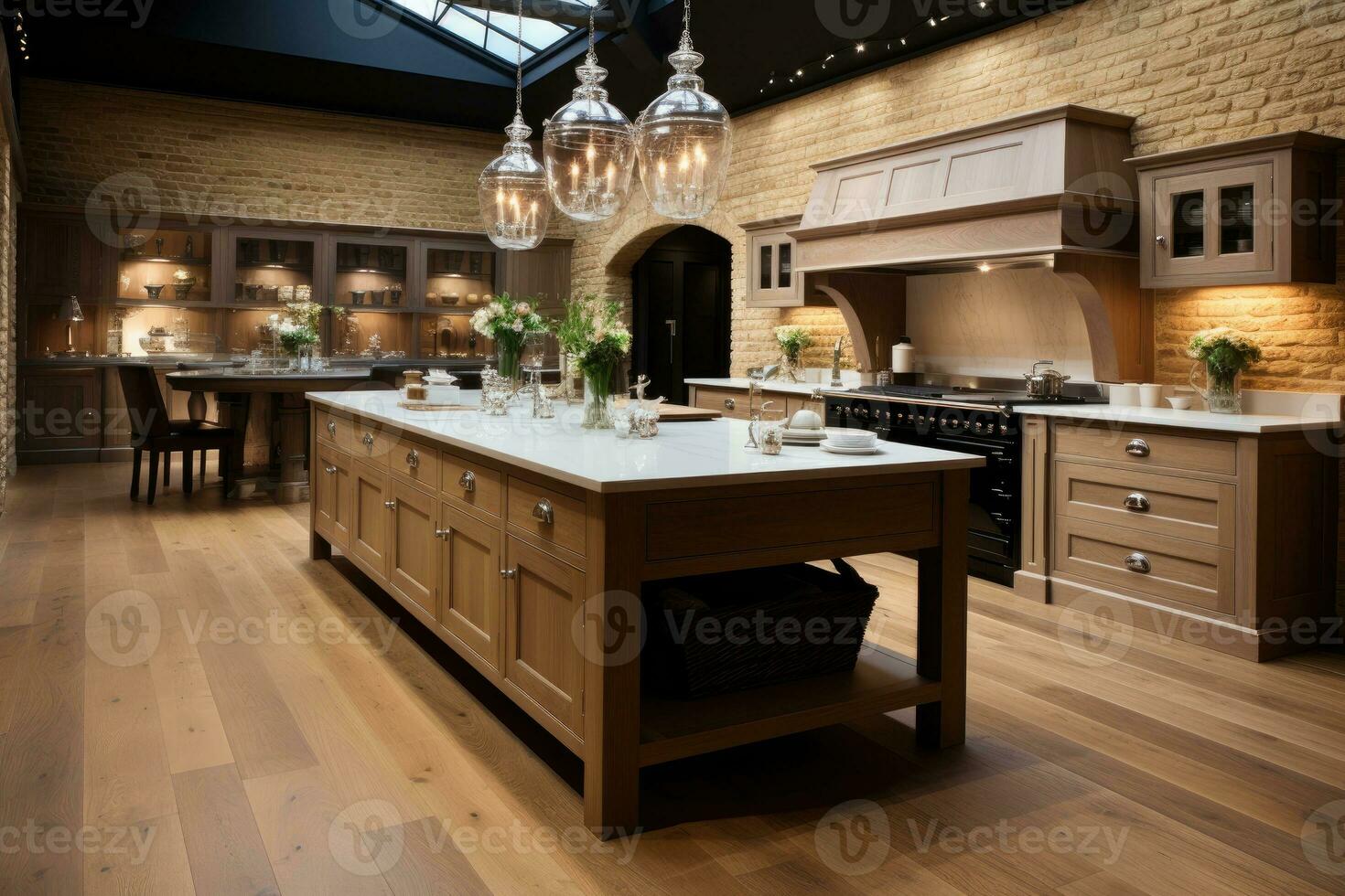 AI generated modern style natural wood kitchen professional advertising photography photo