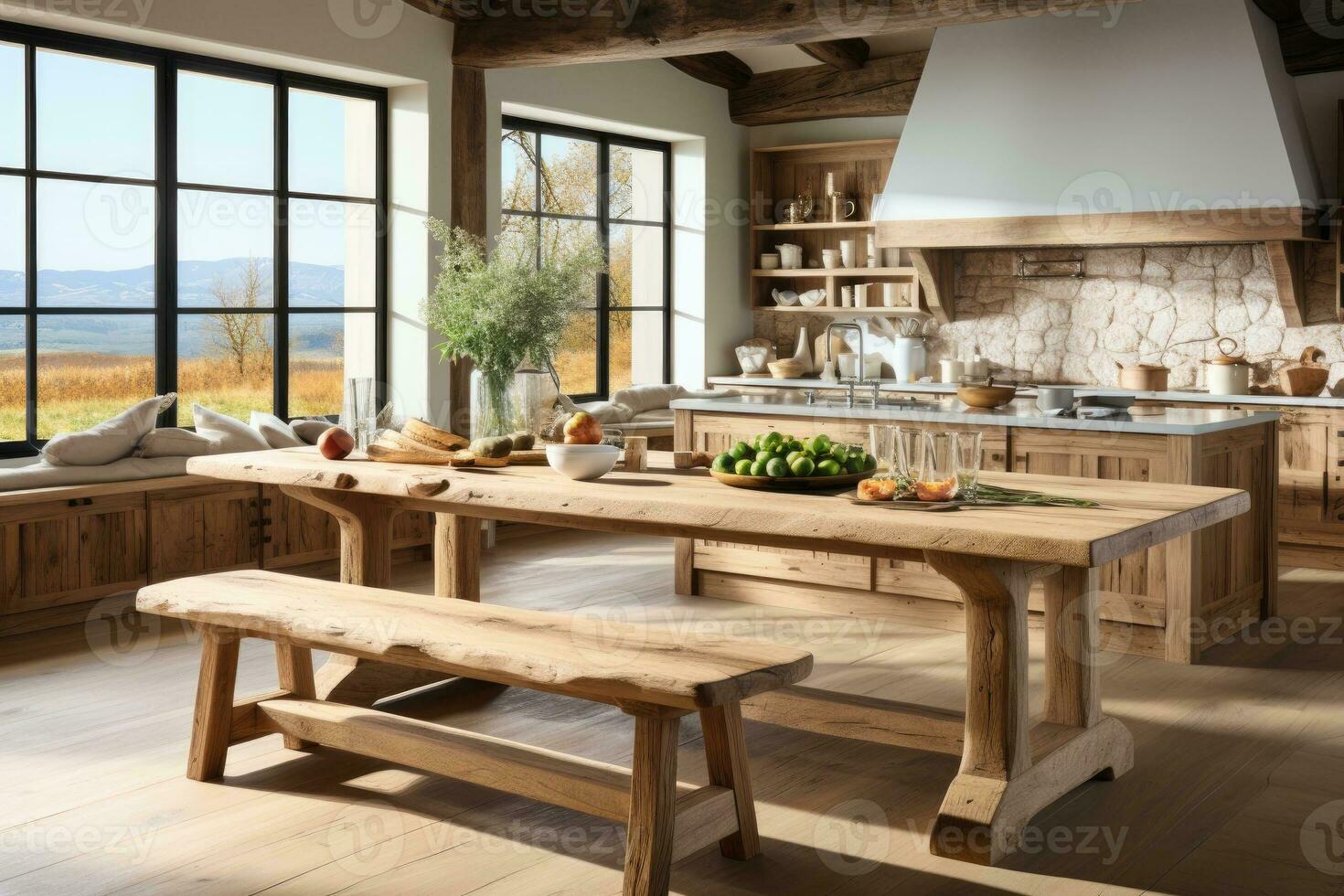 AI generated modern style natural wood kitchen professional advertising photography photo