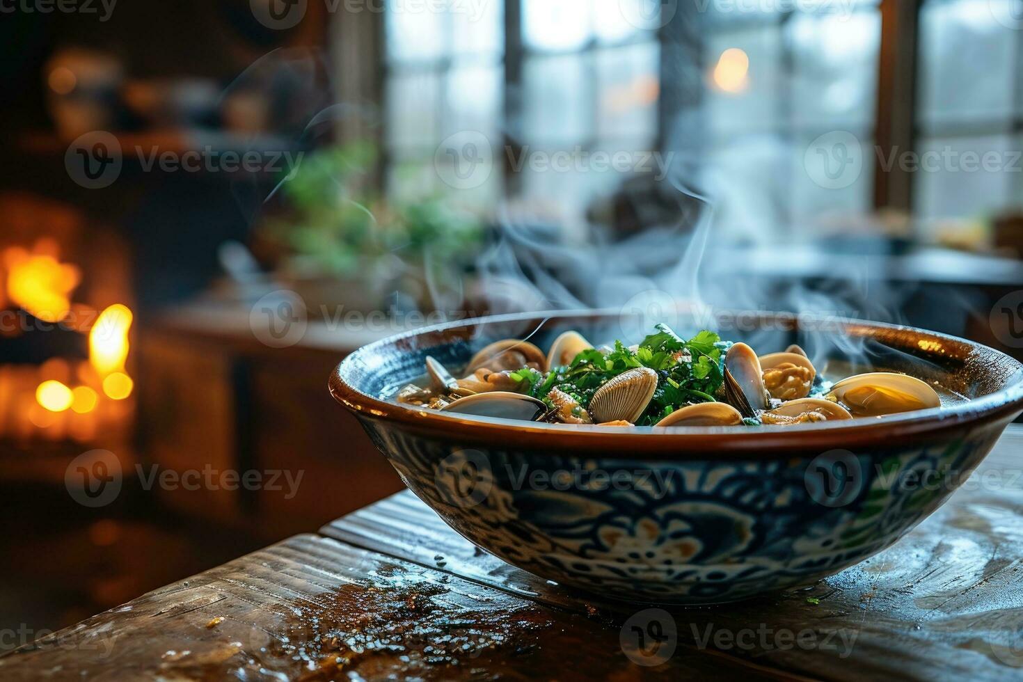 AI generated steamed baby clams in the kitchen table professional advertising food photography photo