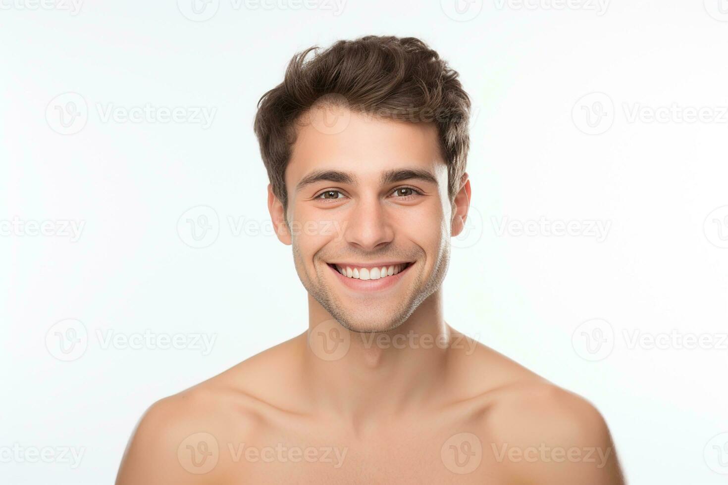 AI generated portrait of young shirtless man smiling and looking at camera standing against white background photo