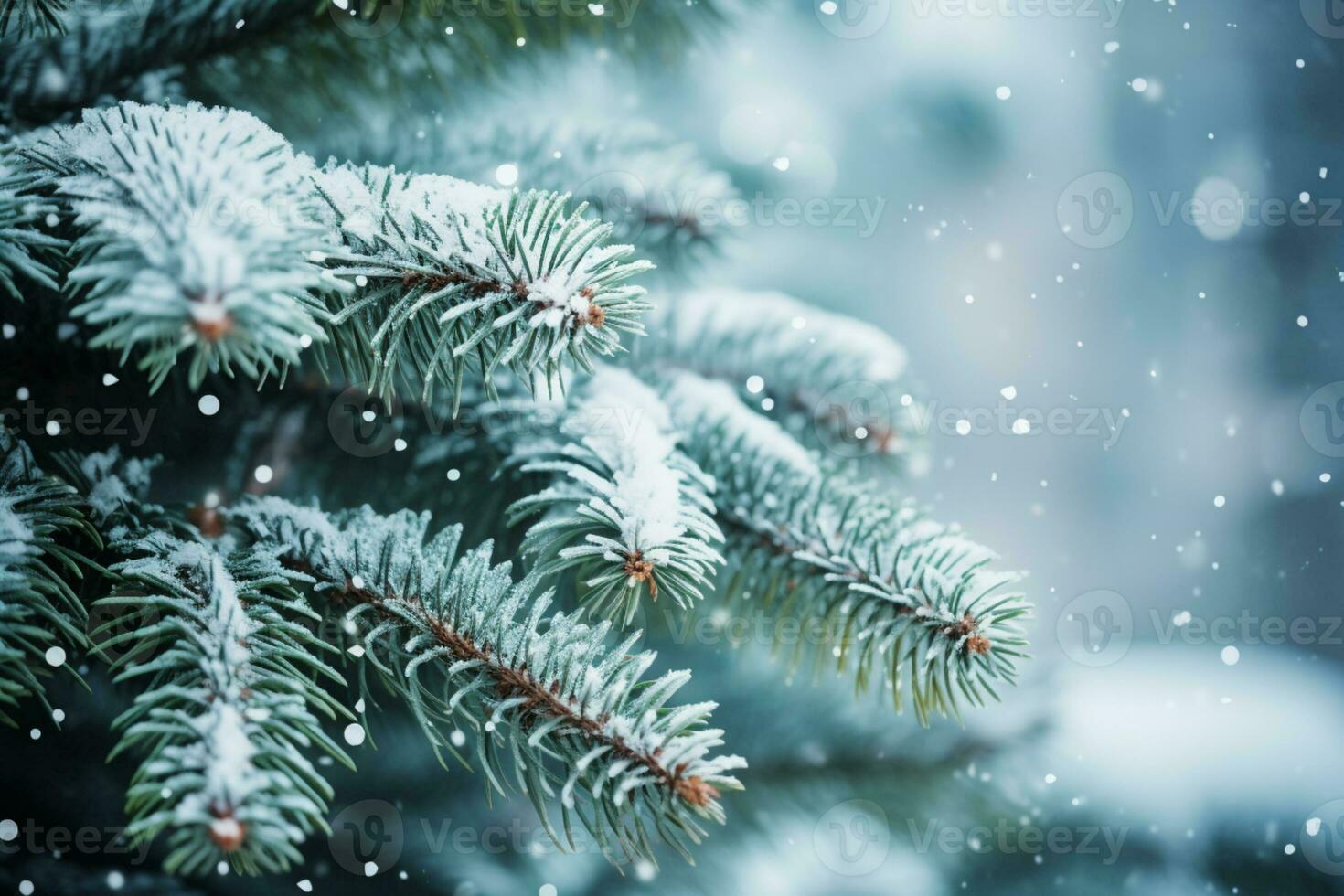 AI generated Snowflakes settling on pine branches under soft winter moonlight photo