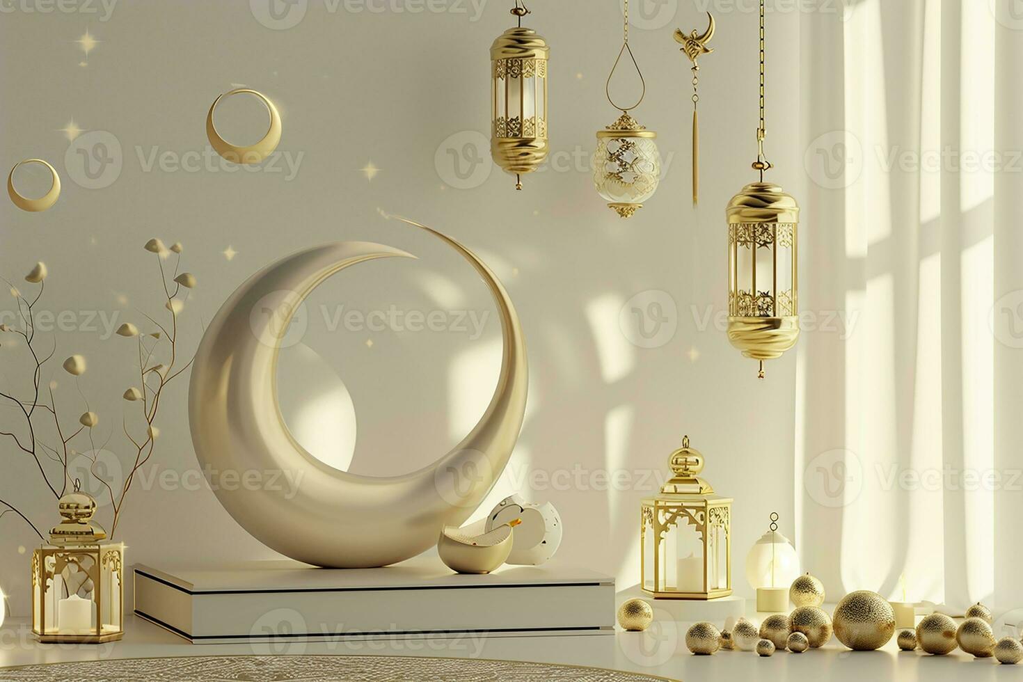 AI generated 3d rendered Ornamental Arabic lantern glowing invitation for Muslim holy month Ramadan Kareem photo