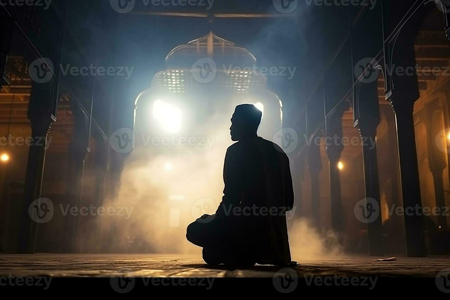 AI generated silhouette muslim man praying n the mosque photo