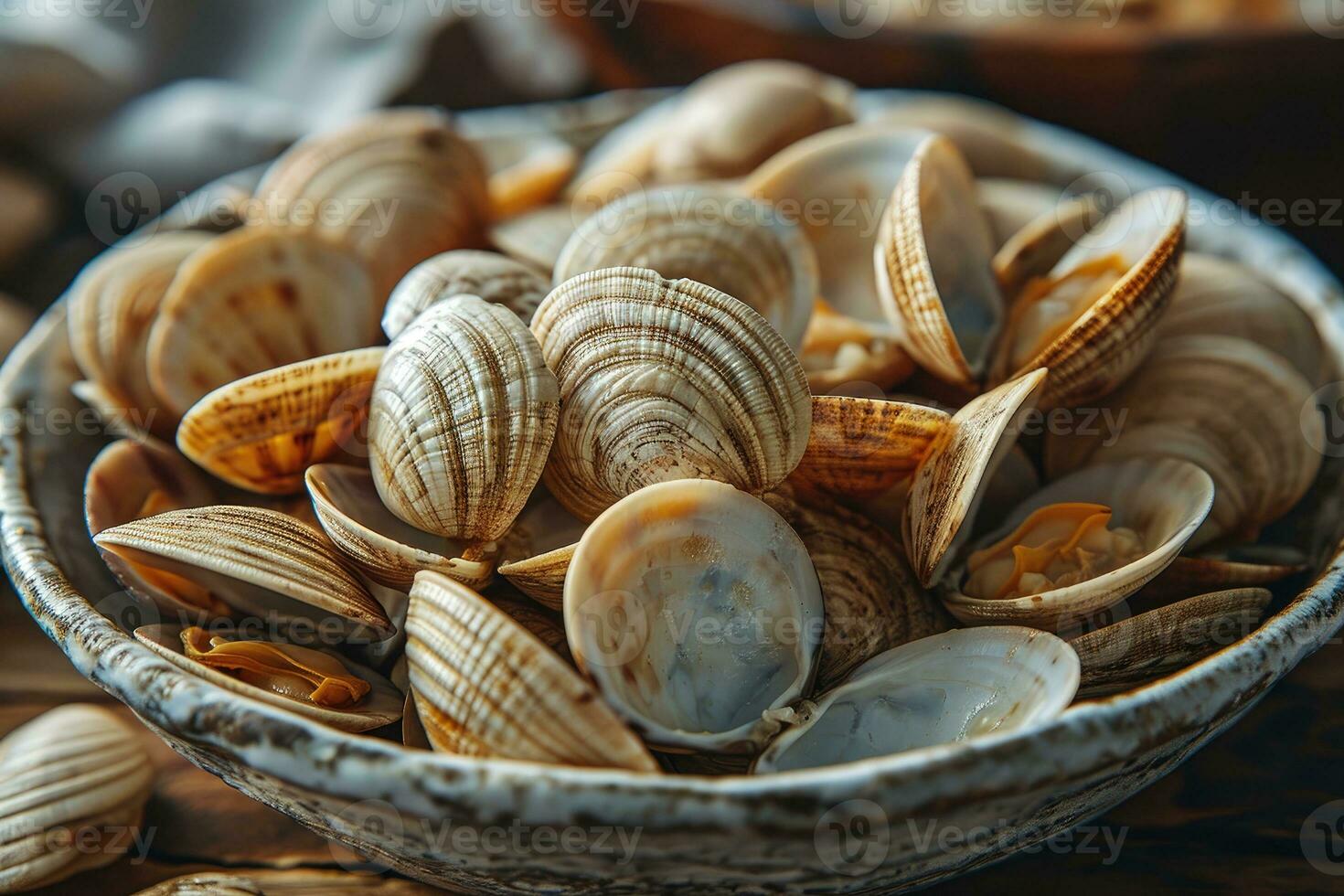 AI generated steamed baby clams in the kitchen table professional advertising food photography photo