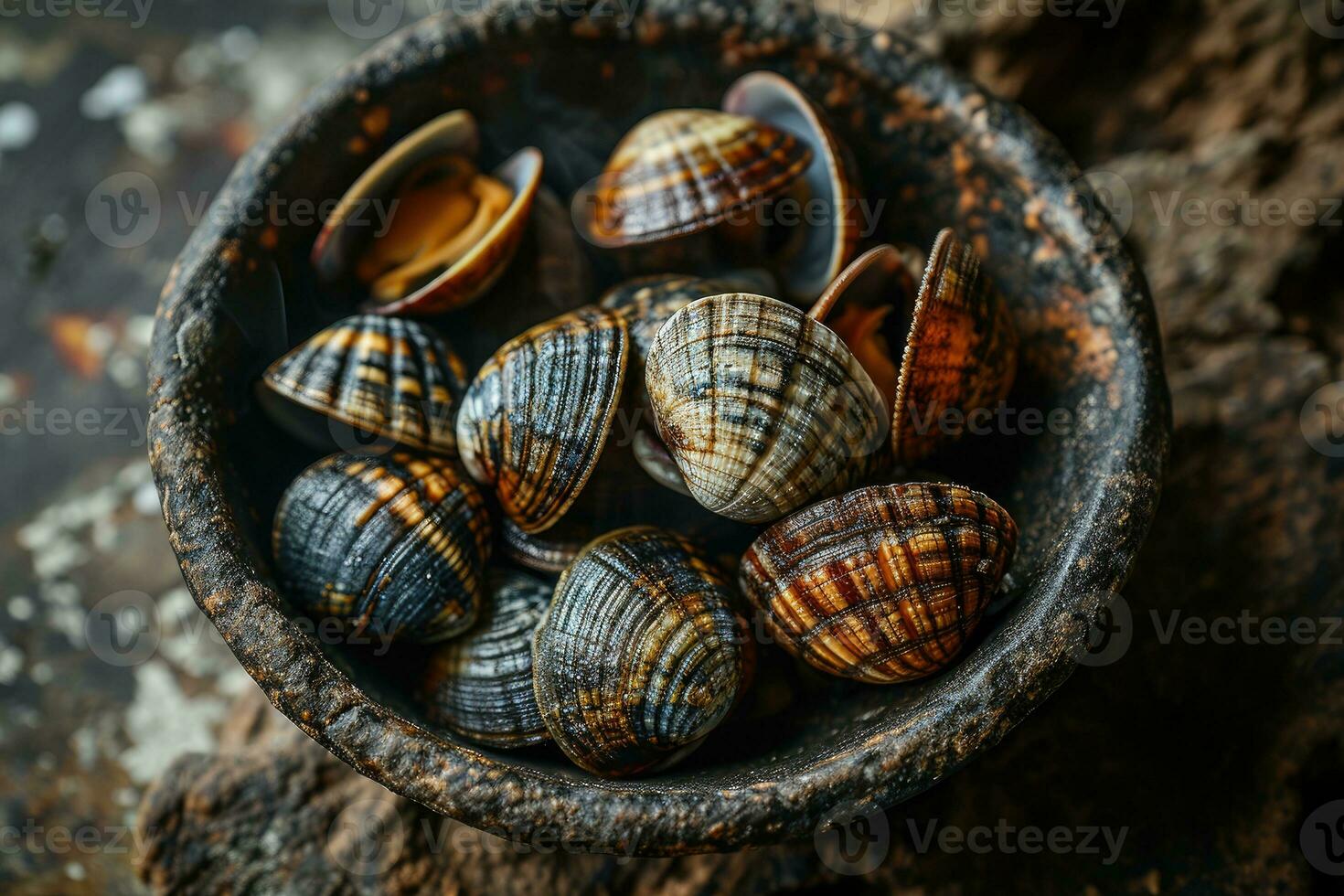 ai generado al vapor bebé almejas en el cocina mesa profesional publicidad comida fotografía foto