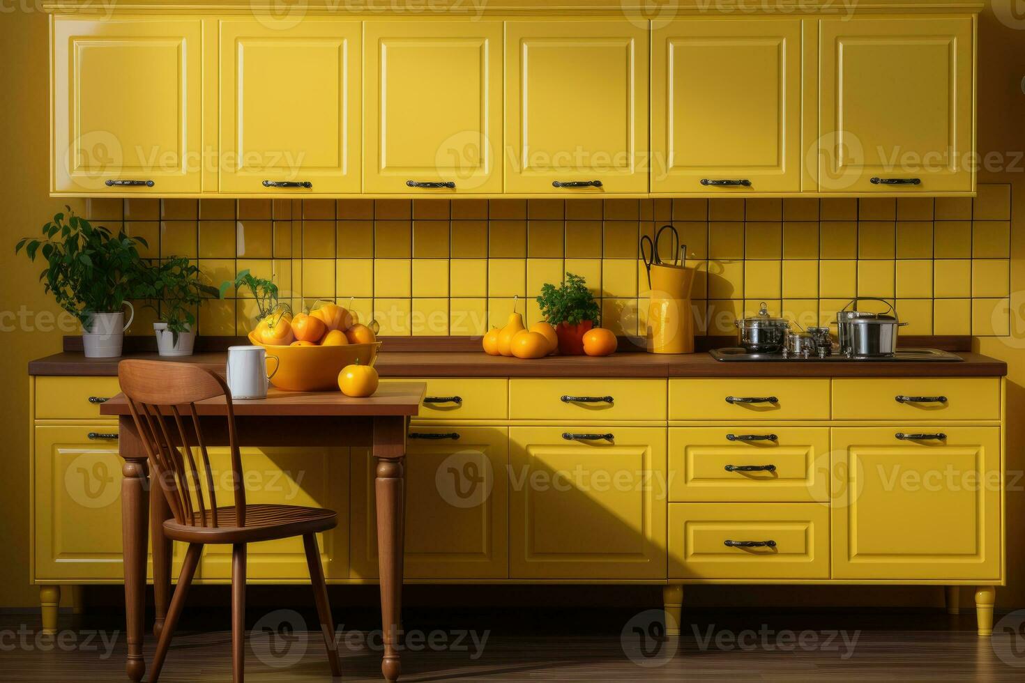 AI generated clean minimalist yellow style small kitchen professional advertising photography photo