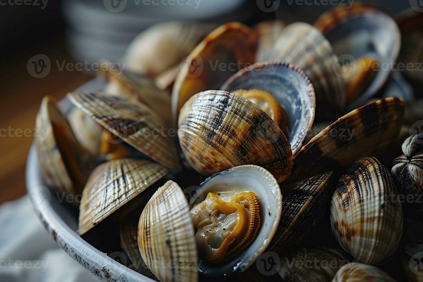 AI generated steamed baby clams in the kitchen table professional advertising food photography photo