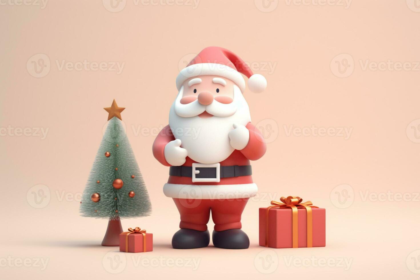 AI generated 3d rendered minimal santa clause with christmas tree and gifts on pastel background photo