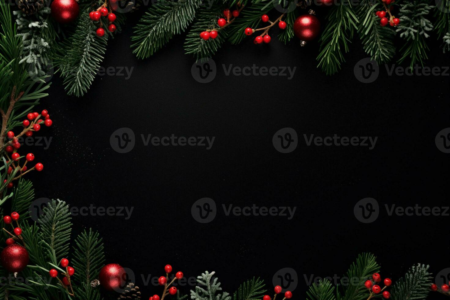 AI generated Christmas composition of fir tree branches with baubles photo