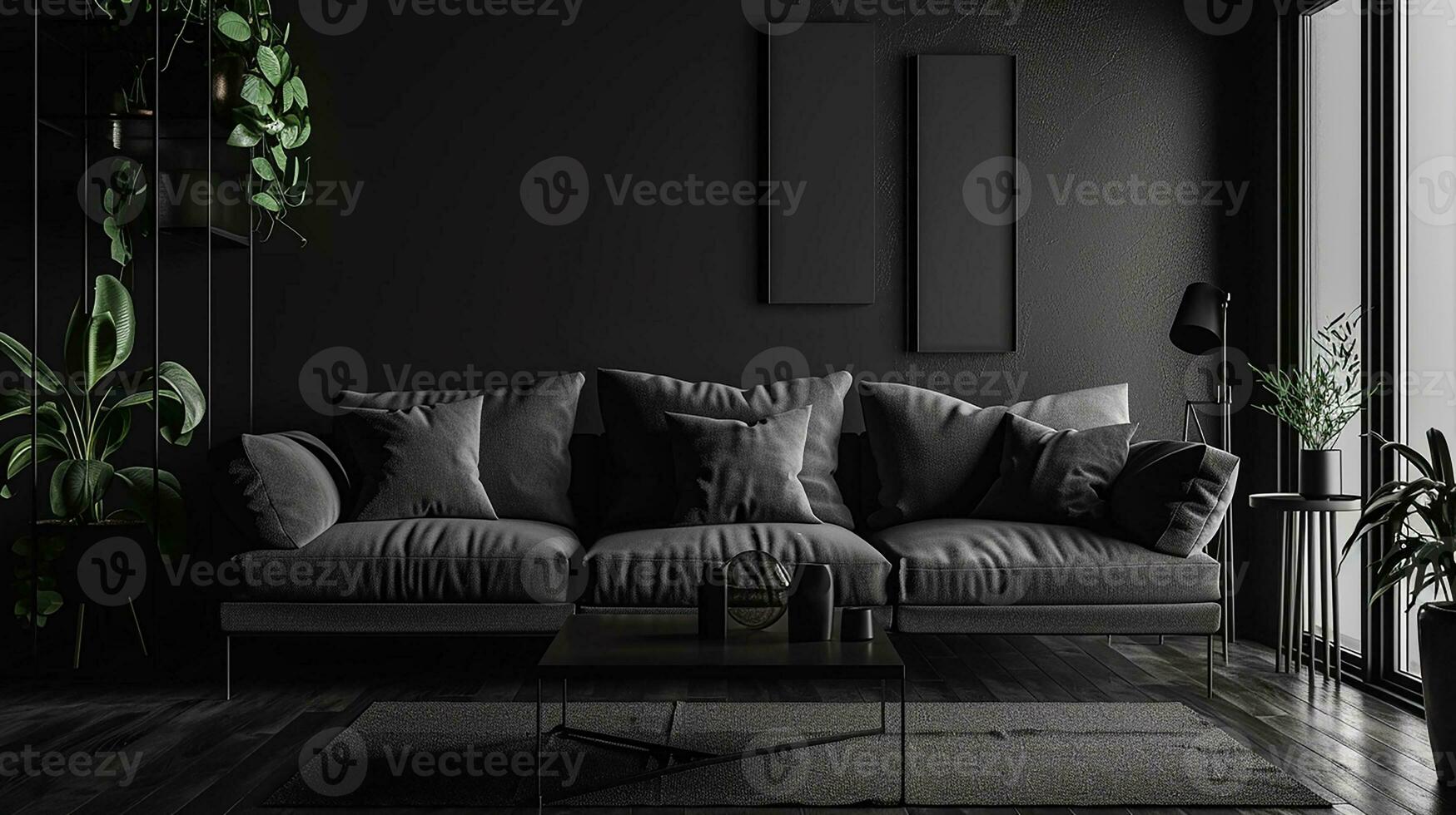 AI generated Black living room interior design with sofa minimal aesthetic 3d rendered photo