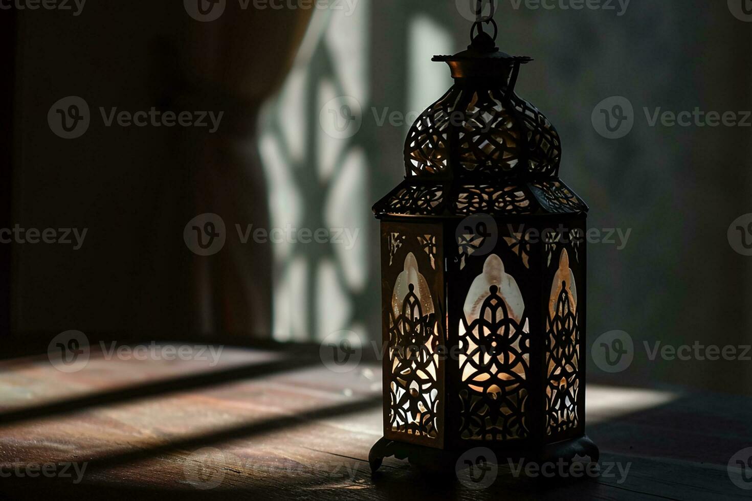 AI generated Ornamental Arabic lantern with burning candle glowing at night invitation for Muslim holy month Ramadan Kareem photo