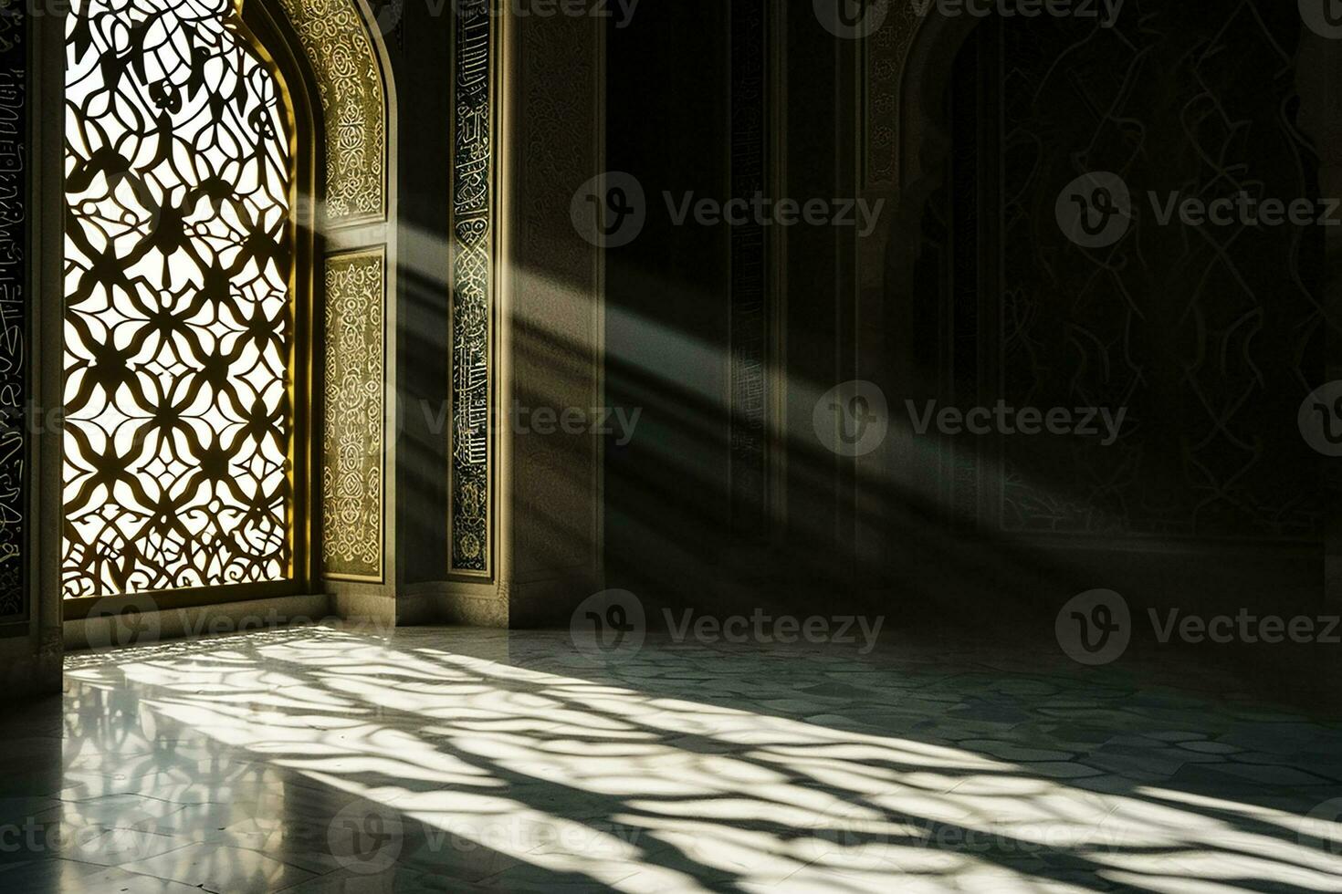 AI generated Islamic background light with mosque window ornament scene photo