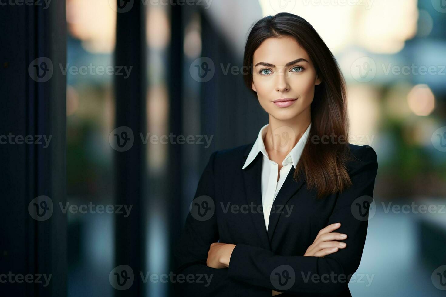 AI generated Portrait of successful and happy businesswoman in office smiling and looking at camera with crossed arms photo