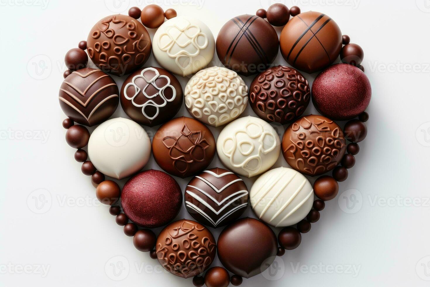 AI generated Various heart shaped assortment chocolates ready to be served professional advertising food photography photo