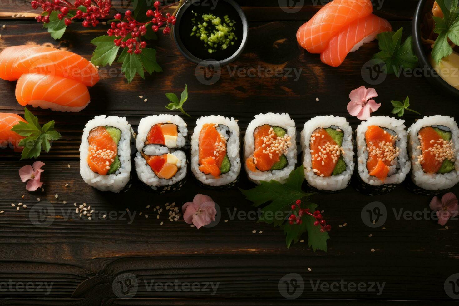 AI generated sushi japanese food isolated in kitchen table professional advertising food photography photo