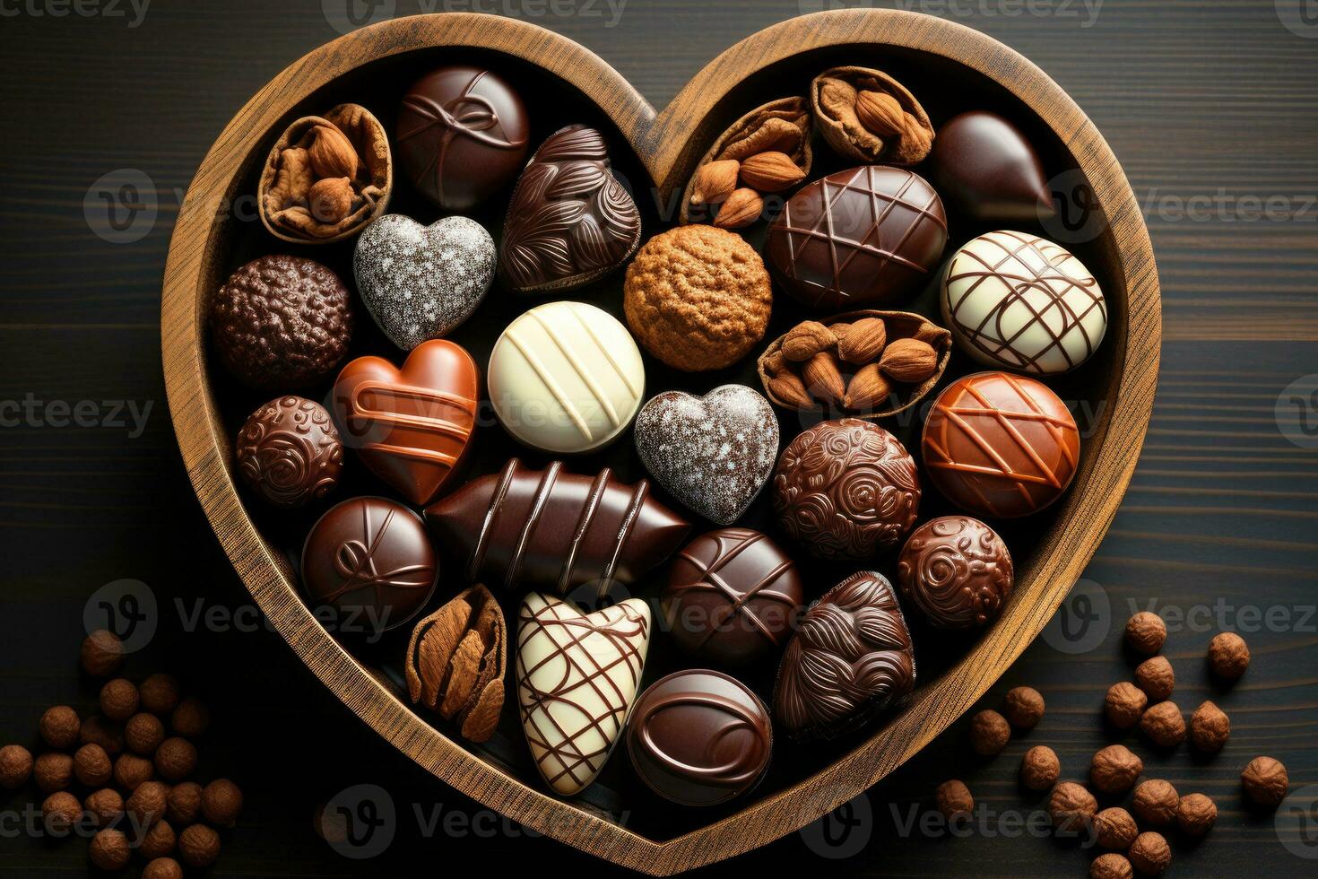 AI generated Various heart shaped assortment chocolates ready to be served professional advertising food photography photo