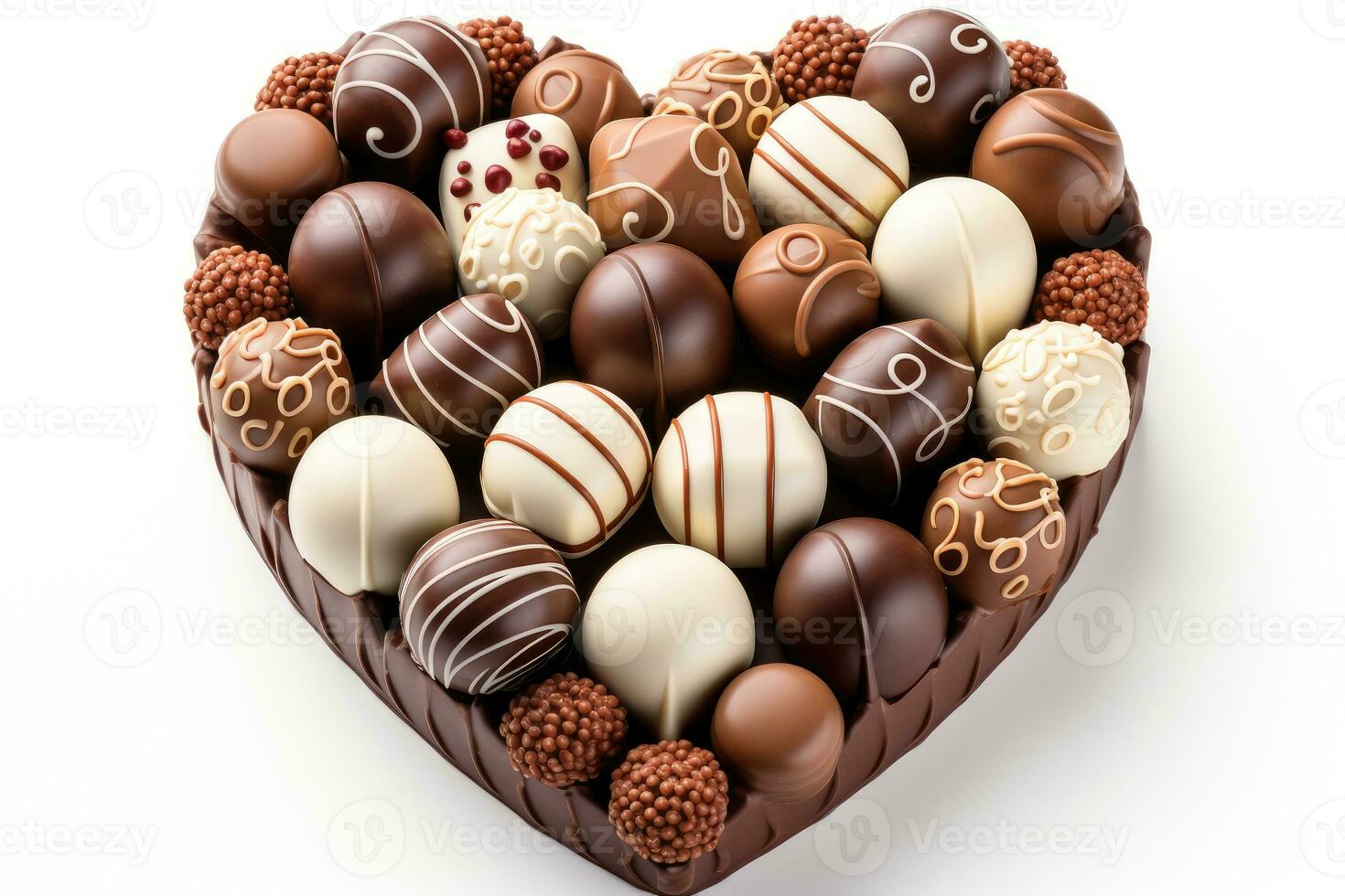 AI generated Various heart shaped assortment chocolates ready to be served professional advertising food photography photo