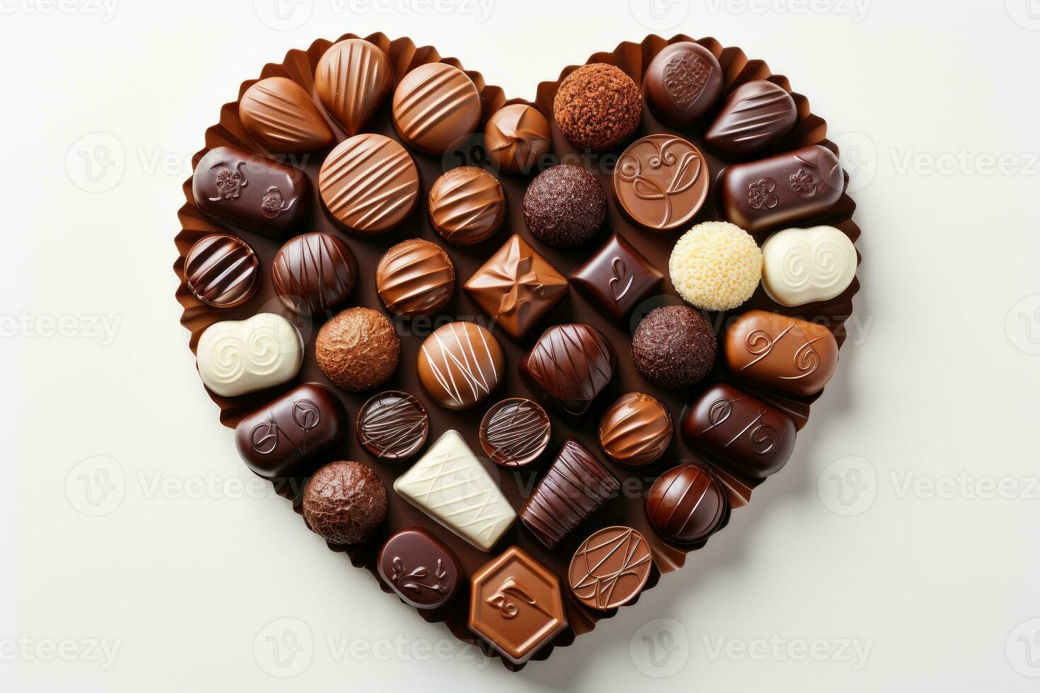 AI generated Various heart shaped assortment chocolates ready to be served professional advertising food photography photo