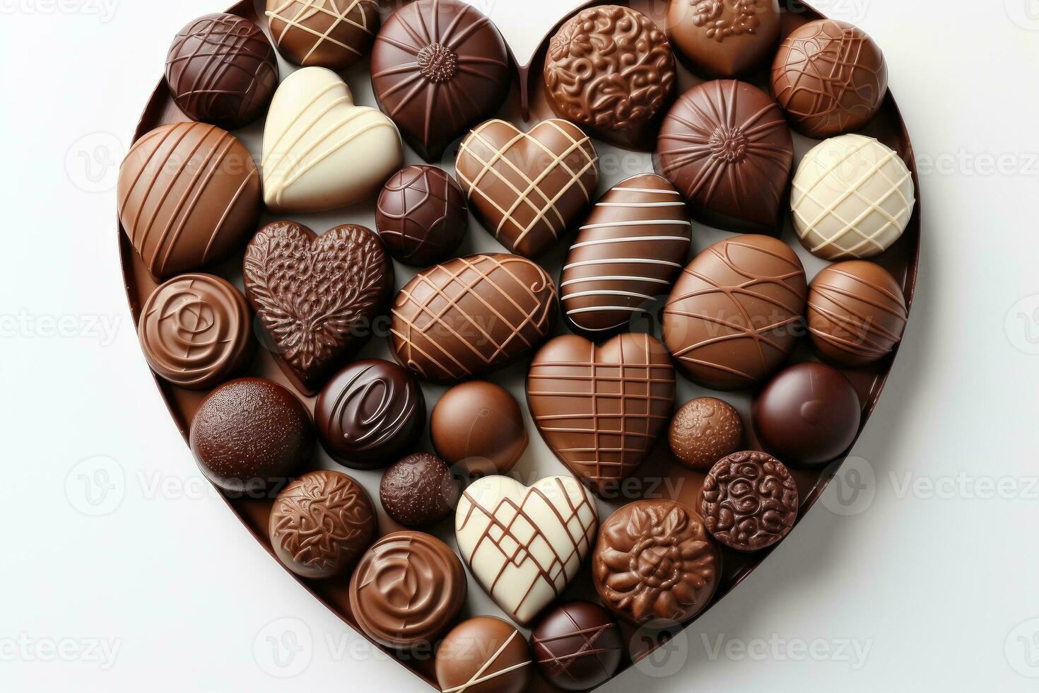 AI generated Various heart shaped assortment chocolates ready to be served professional advertising food photography photo