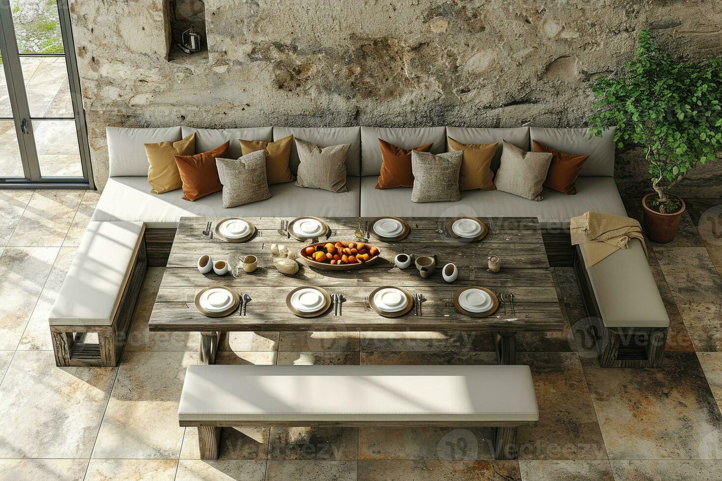 AI generated top view of modern style dining set table professional advertising photography photo