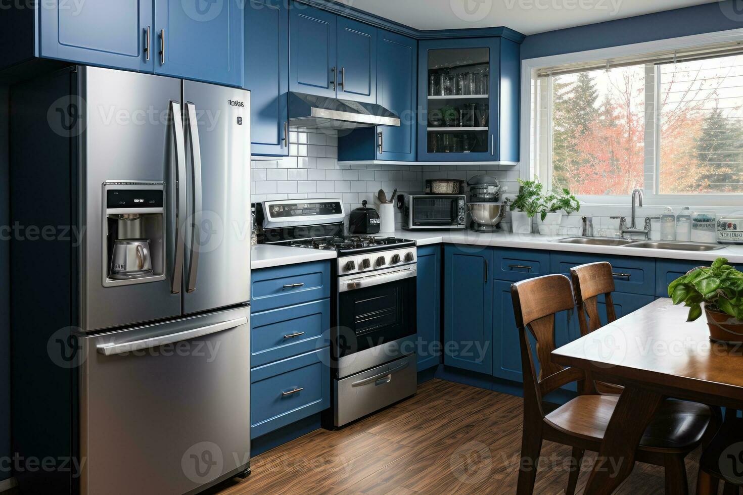 AI generated young style kitchen with modern navy colors professional advertising photography photo