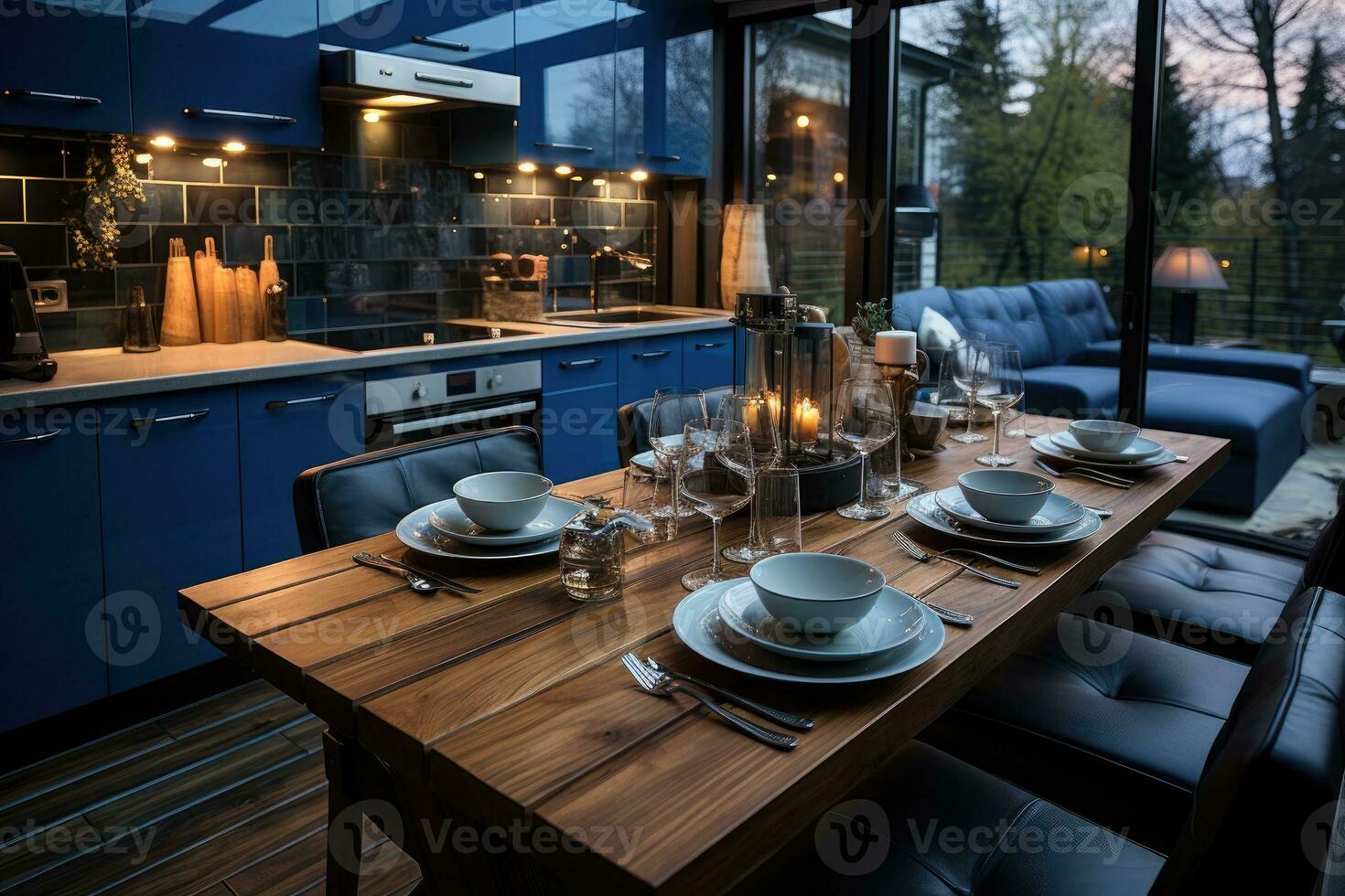 AI generated young style kitchen with modern navy colors professional advertising photography photo
