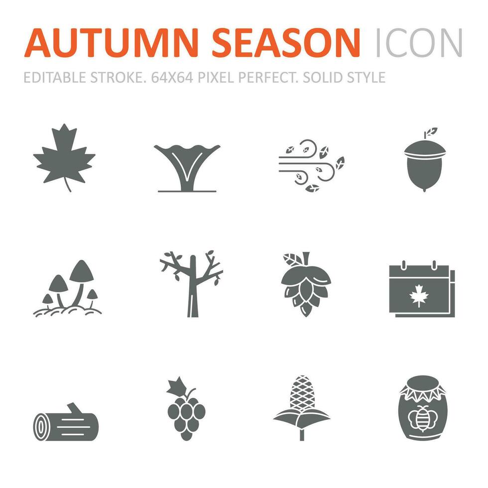 Collection of autumn season related solid icons. 64x64 Pixel Perfect. Editable Stroke vector
