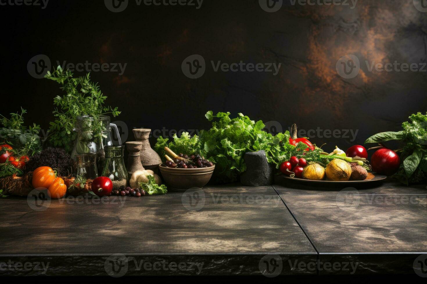 AI generated photo of food ingredients with a kitchen table background professional advertising food photography