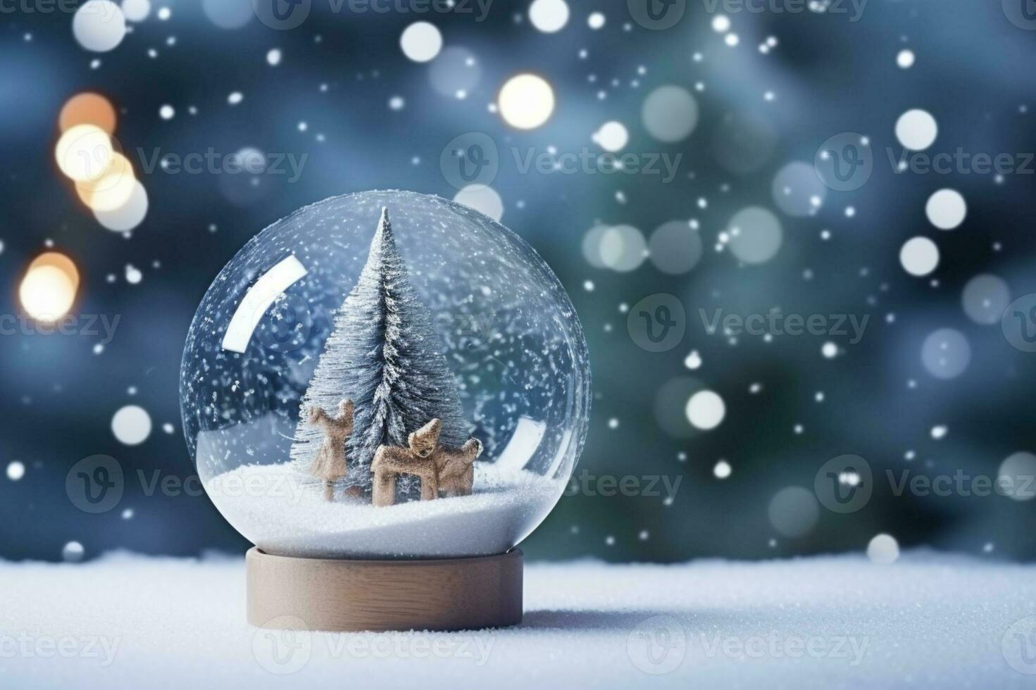 AI generated Crystal ball with a snowy christmas tree fir tree inside falling snow realistic holiday decoration photo