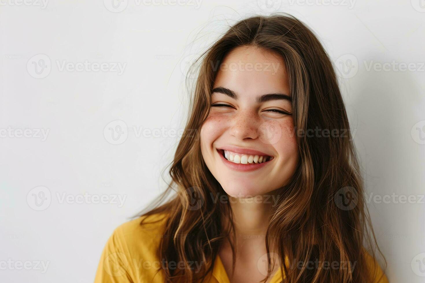 ai generado asiático mujer parpadeo a cámara sonriente alegre en pie blanco pared foto