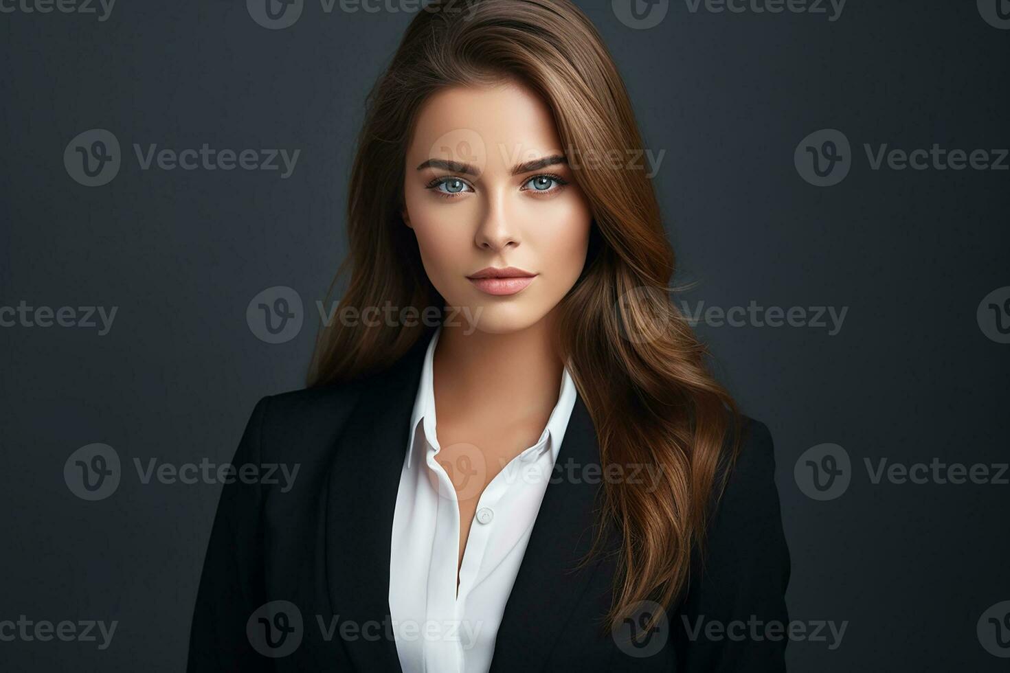 AI generated Portrait of successful and happy businesswoman, office worker smiling and looking at camera, working inside modern office. photo