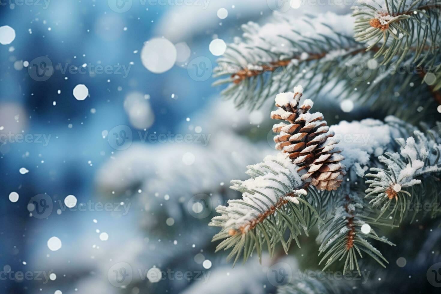 AI generated Snowflakes settling on pine branches under soft winter moonlight photo
