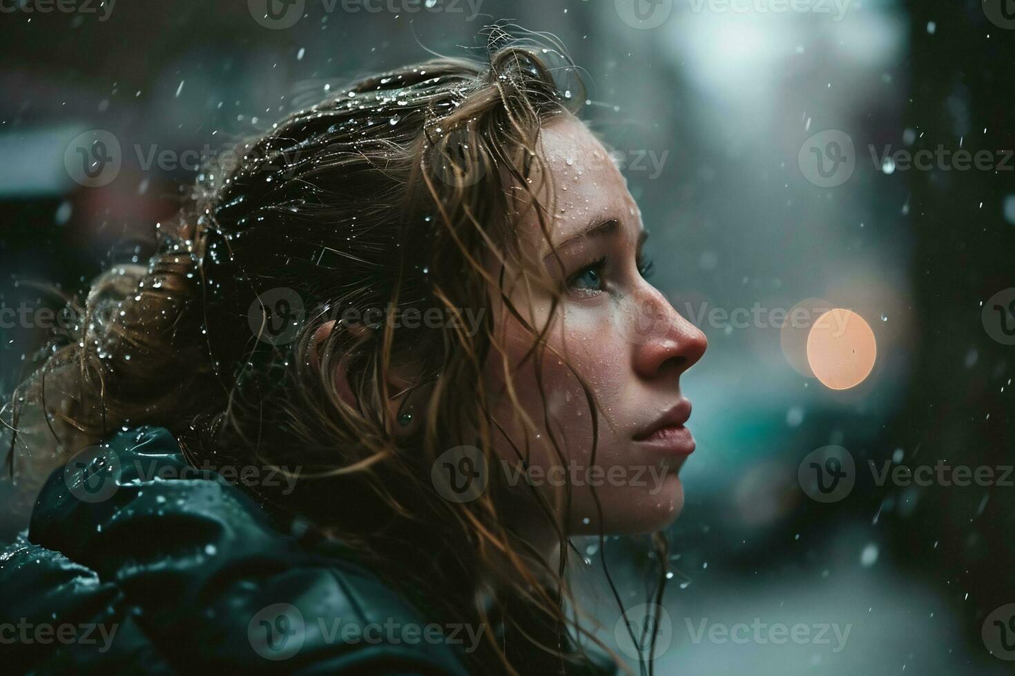 AI generated a woman caught in a rainstorm the raindrops glistening on her hair and clothes photo