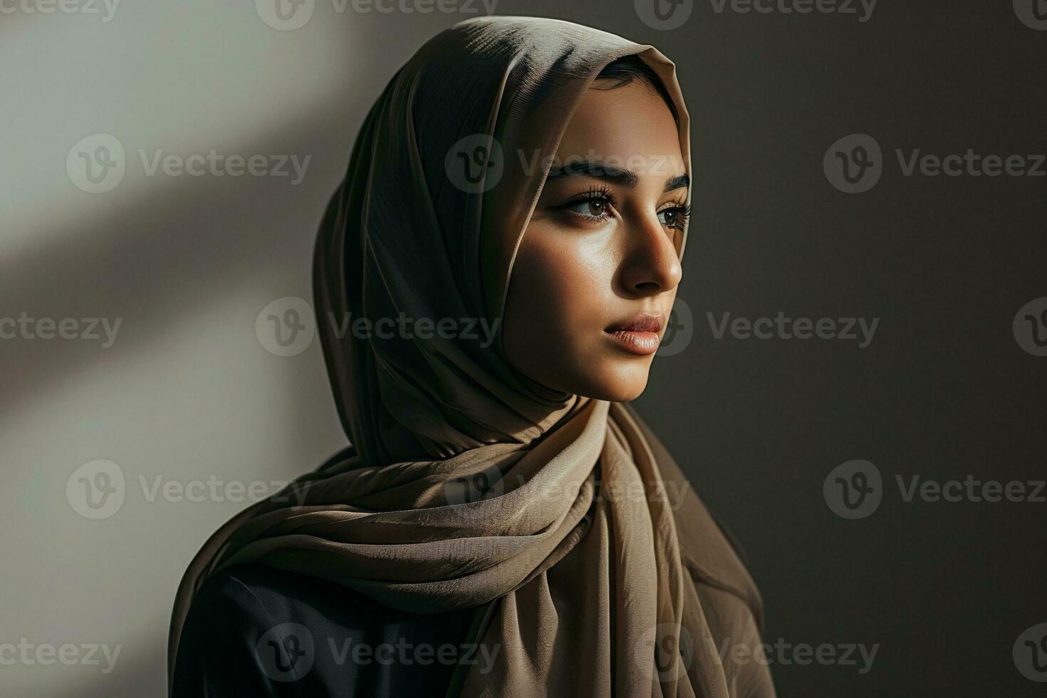 AI generated A beautiful lady in a stylish hijab wearing contemporary fashion photo